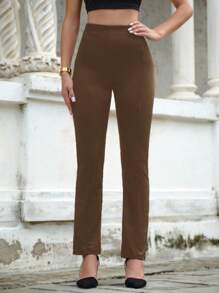 EURMUSE High Waist Straight Leg Pants - Brown - View 4