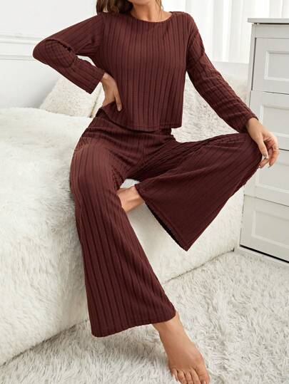 Long Sleeve Ribbed Top Pants Homewear Lounge Set Cozy Outfit, Fall Clothes view 5