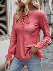 SHEIN LUNE 拉繩中空刺繡細節插口t恤衫 - 粉色 - 查看 3