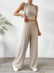 Chiquease 素色短款背心&闊腿褲 - 卡其色 - 查看 1