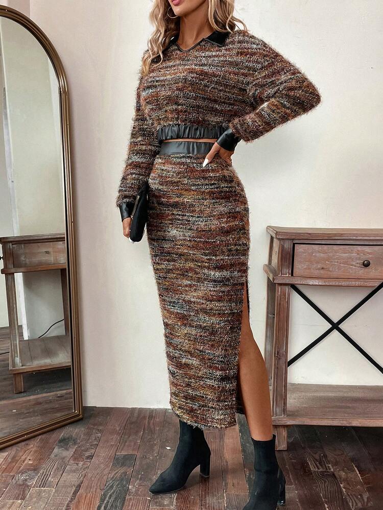 Color Blocking Pu Leather Patchwork Dip Dye Knit Top And Skirt Set