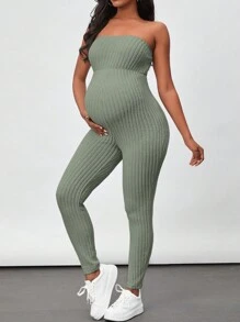 SHEIN Maternity Ribbed Knit Tube Jumpsuit And Open Front Coat Two Piece Set - Green - View 6
