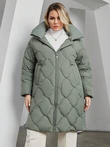Astrid Plus Size Women's Dropped Shoulder Long Sleeve Hooded Padded Coat - Green - View 2