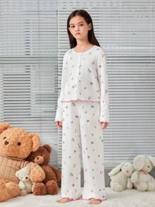 SHEIN Tween 女孩寬鬆休閒拼色和花卉印花長袖上衣和褲子家居服套裝