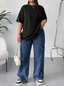 CovetEZ Plus Size Solid Color Drop Shoulder T-Shirt - Black - View 4