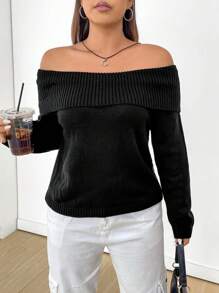 Flirla 大尺碼長袖露肩針織衣 - 黑色 - 查看 1