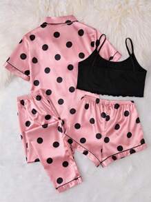 Conjunto De 4 Peças Para Casa Com Bolinhas Rosa Para Meninas Adolescentes, Incluindo Calças Compridas, Camisa De Manga Curta, Shorts E Camisola, Casual E Confortável