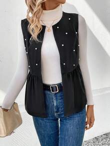 SHEIN LUNE 女性珍珠和珠飾釘紋馬甲外套 - 黑色 - 查看 6