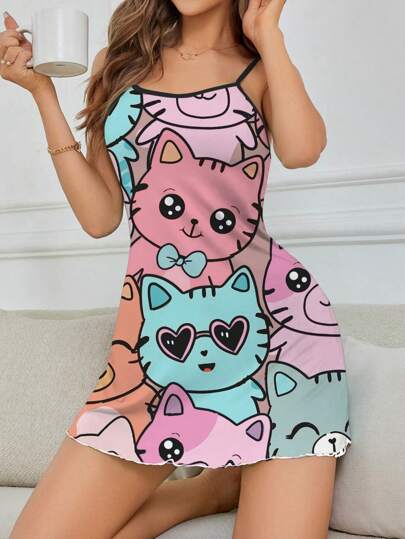 女士卡通印花吊带睡裙睡衣裙