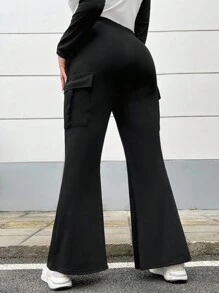SHEIN EZwear Plus Size Flap Pocket Flare Pants With Side Stripes - Black - View 2