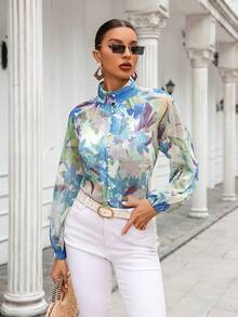 SHEIN VCAY 植物印花立領長袖襯衫 - 彩色 - 查看 6