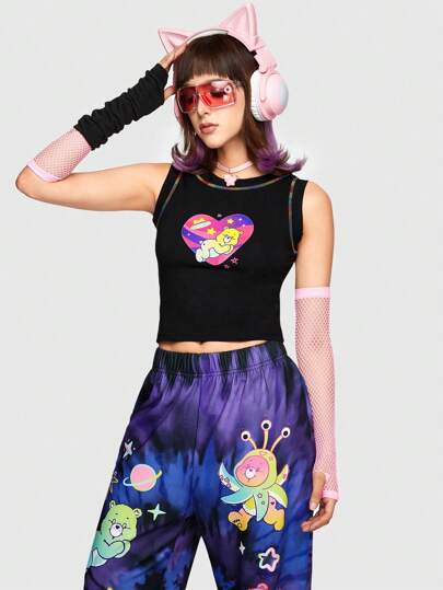 ROMWE X Care Bears Top Corto Entallado Con Ajuste Delgado Con Detalles De Costura En Contraste Y Estampado De Oso