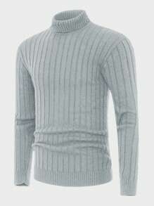 SHEIN Cottnline Men's Solid Color Turtleneck Sweater - Light Grey - View 5