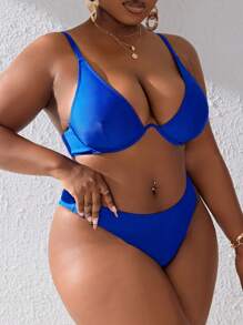 Slaydiva Summer Beach Plus Size Women's Underwire Swimwear Set - Blue - View 6
