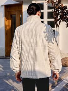 Manfinity Homme 男士宽松灯芯绒拉链夹棉大衣 - 杏色 - 查看 2