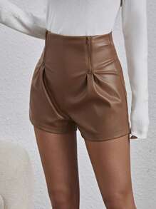 SHEIN PETITE Women'S Pleated Pu Leather Shorts - Brown - View 4