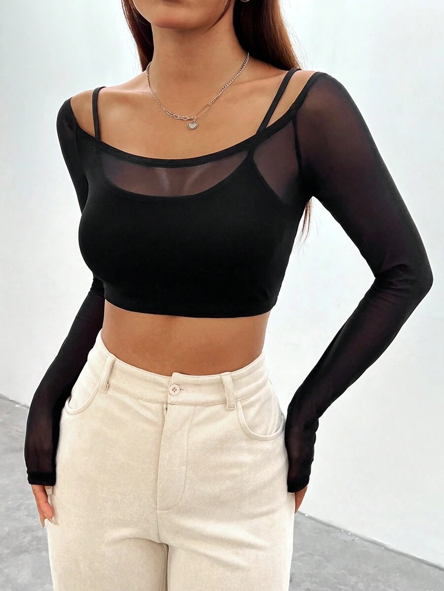 SHEIN EZwear Của phụ nữ Quần skinny Lưới Áo - màu đen - Xem 1