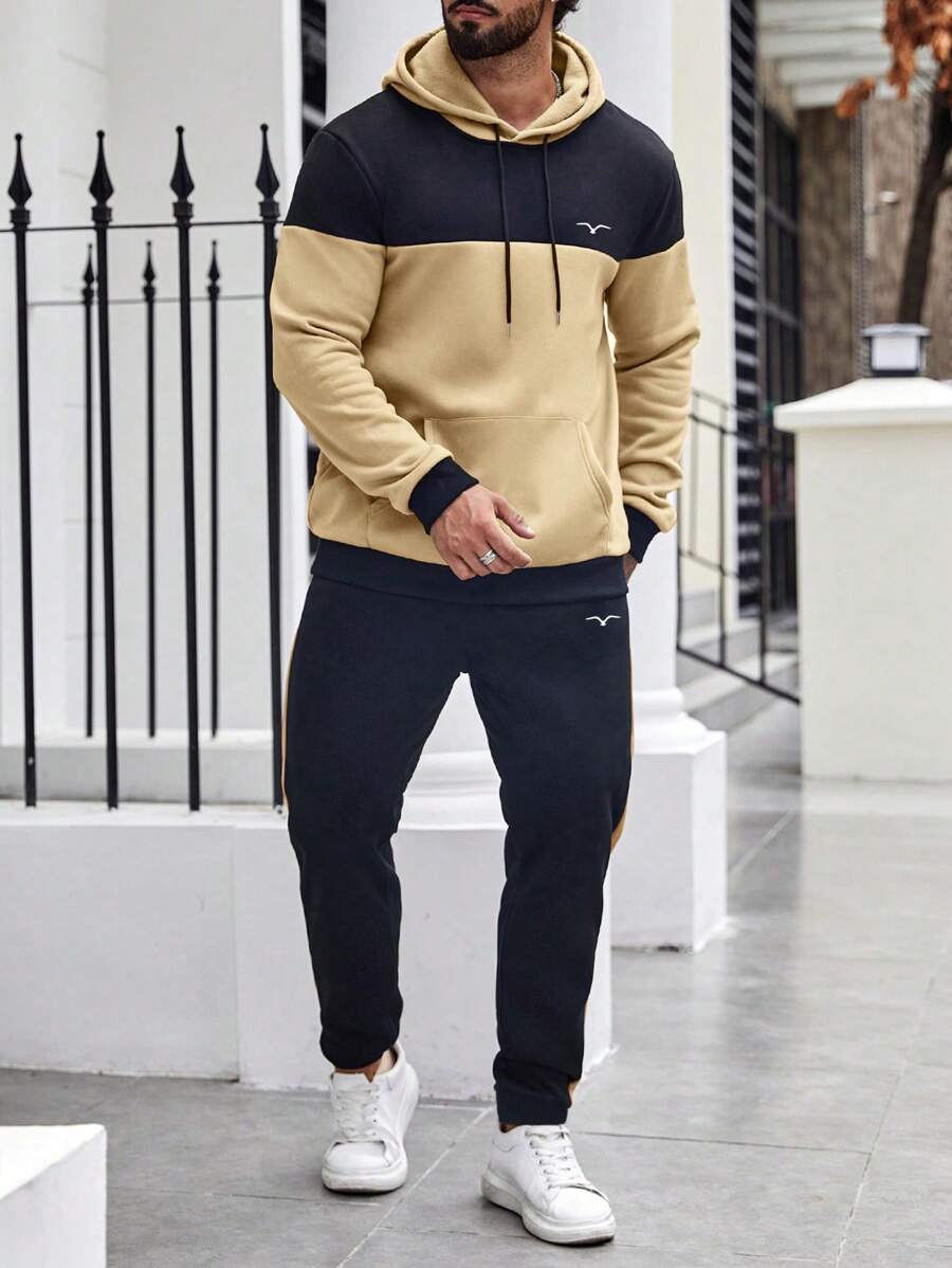Manfinity Homme 男士大码雙色抽繩連帽衫和運動褲 - 卡其色 - 查看 1