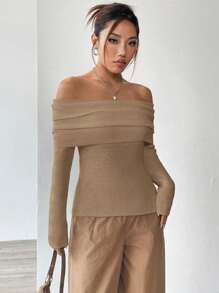 SHEIN Unity 時尚女式露肩打結毛衣帶褶皺 - 卡其色 - 查看 6