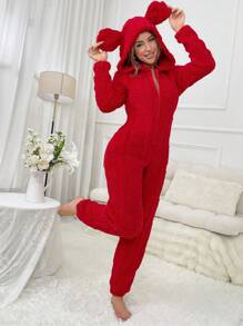 Women's Animal Ear Design Plush Fluffy Jumpsuit ,Cozy And Elegant Details, For Fall Winter - Red - View 6