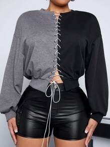 SHEIN SXY 女性鬆身彩塊黑灰色街頭風格的連帽衫,帶纏繞式綁帶 - 彩色 - 查看 1