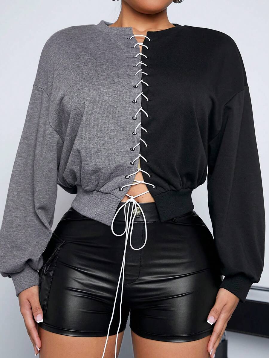 SHEIN SXY 女性鬆身彩塊黑灰色街頭風格的連帽衫,帶纏繞式綁帶 - 彩色 - 查看 1