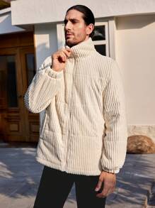 Manfinity Homme 男士宽松灯芯绒拉链夹棉大衣 - 杏色 - 查看 5