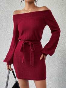 SHEIN Essnce 一字肩燈籠袖腰帶緊身洋裝 - 紅色 - 查看 3