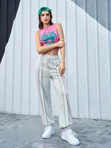 SHEIN Sports Women'S Drawstring Sports Pants With Color Block Stitching - Light Grey - View 5