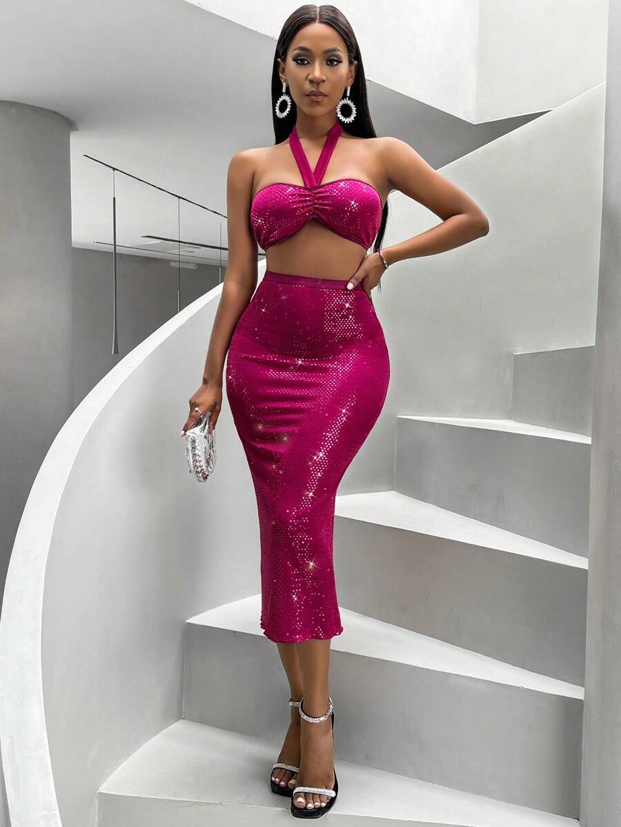 Zolique Conjunto De Top De Cuello Halter Y Falda Con Lentejuelas - Rosa Fucsia - Ver 1