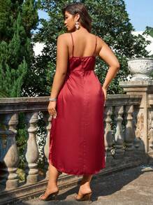 SHEIN Belle 勃艮第红色大码女式细肩带连衣裙 - 酒紅色 - 查看 2