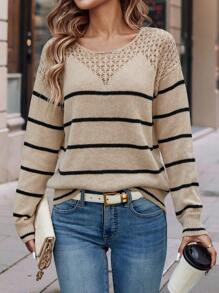 SHEIN Essnce Của phụ nữ Sọc Thả vai Áo len - Màu Khaki - Xem 5