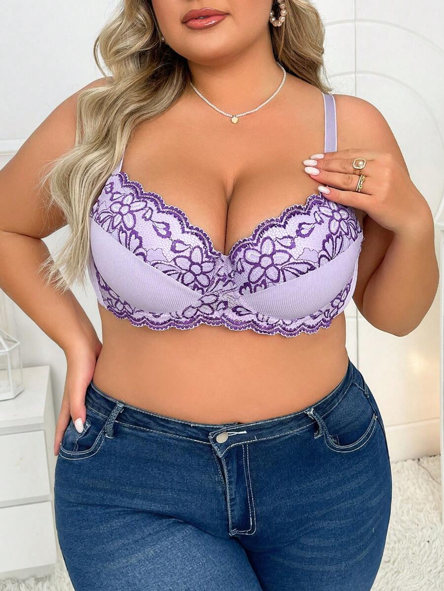 Plus Size Purple Lace Flower Detail Wireless Bra - Lilac Purple - View 1
