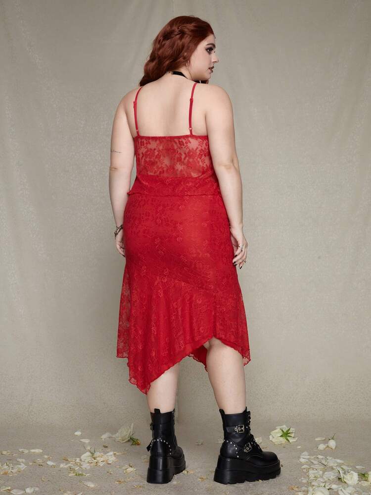 Plus Size Lace Trim Camisole Top With High Slit Hem And Asymmetrical Hem Skirt Set