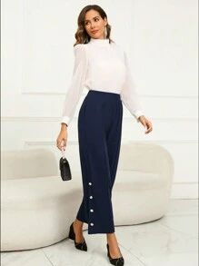 EMERY ROSE 女用側扣裝飾闊腿褲 - 藏蓝色 - 查看 4