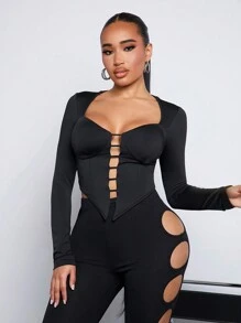 SHEIN SXY Gợi cảm Xu hướng: Cắt giảm Vượt qua Băng bó Thiết kế Tay áo dài Áo thun - màu đen - Xem 4