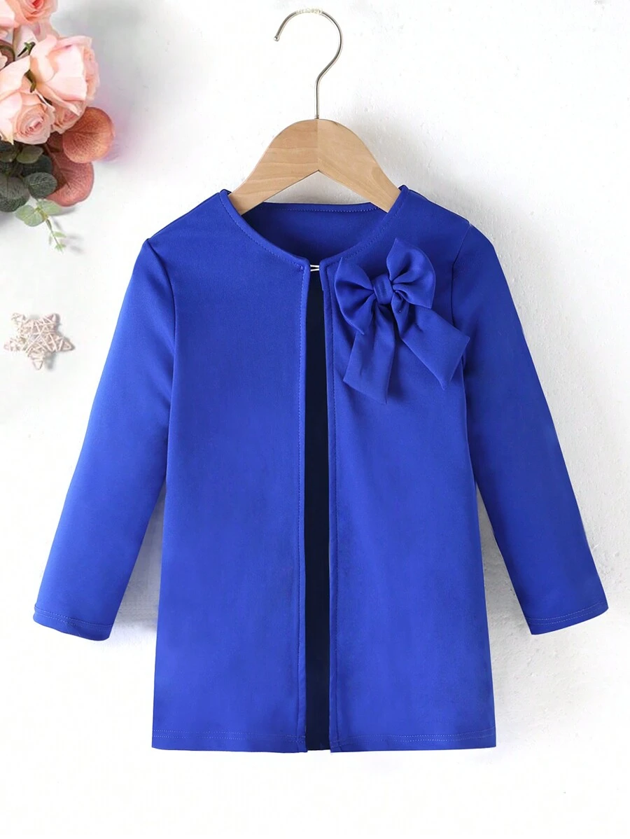 SHEIN 小女孩春秋優雅簡約圓領寬鬆純色3d蝴蝶結裝飾夾克 - 藍色 - 查看 1
