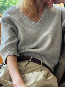 DAZY 女士商务休闲 V 领通勤中性针织毛衣，秋季返校服装 - 灰色 - 查看 7