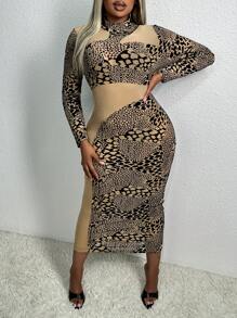 Slaydiva 大尺码女士修身立领蛇紋連衣裙 - 駝色 - 查看 1