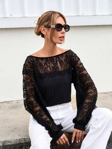 SHEIN Privé 女士蕾絲肩透氣長袖t恤 - 黑色 - 查看 5