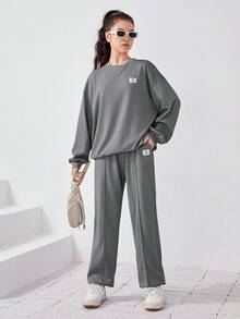 SHEIN 青少年針織華夫格圖案標籤運動衫斜口袋和慢跑褲套裝 - 淺灰色 - 查看 3