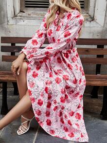 SHEIN LUNE Của phụ nữ In hoa Mặt trước thắt dây Đầm - Đỏ - Xem 6