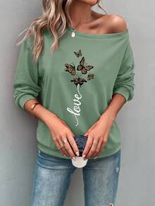 SHEIN LUNE 女用字母蝴蝶圖案運動衫 - 綠色 - 查看 4