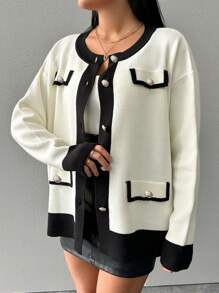 RueChic Plus Size Women's Drop Shoulder Long Sleeve Cardigan With Single Breasted Closure - Black and White - View 4