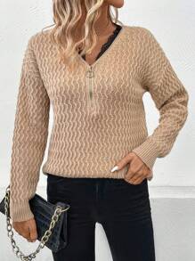 SHEIN LUNE Ladies' Lace Spliced Zipper Detail Texture Knit Pullover Fall Winter Sweater - Khaki - View 5