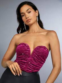 SHEIN BAE 女士閃亮無肩帶上衣 - 中紫紅色 - 查看 1
