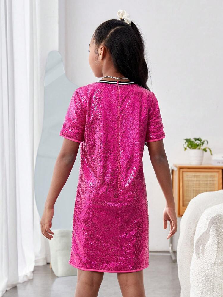 Tween Girl's Letter Embroidered Sequined Round Neck Short-Sleeved Dress