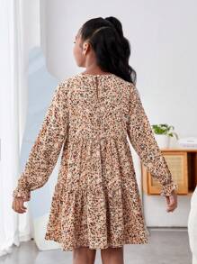 SHEIN Tween Girls' Casual Vacation Style Long Sleeve Floral Print Dress