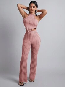 SHEIN PETITE Women's Sleeveless Top And Pants Two Piece Set With Asymmetrical Hem Design - Dusty Pink - View 4
