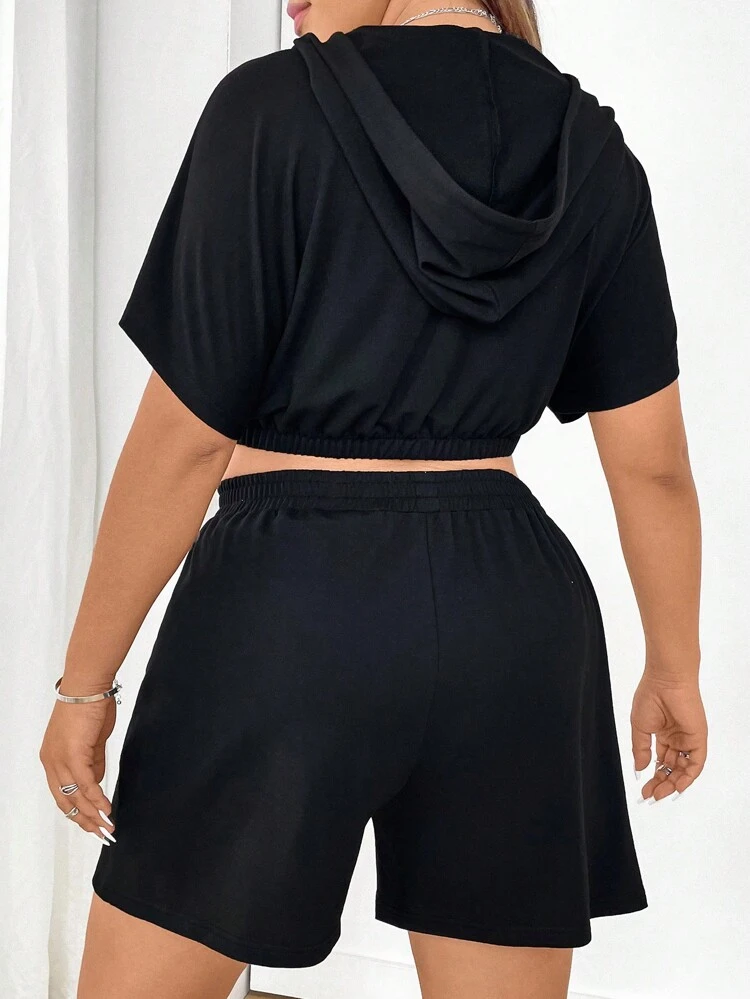Plus Size Women'S Letter Printed Short Sleeve Hooded T-Shirt And Shorts Set